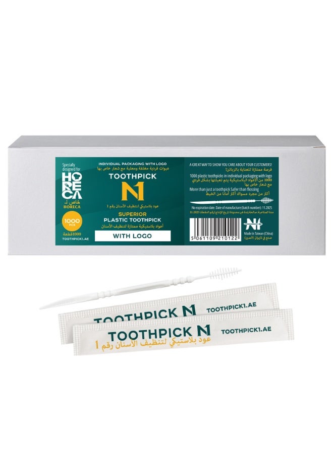 N1 Toothpick Logo Wrapped Plastic Toothpicks 1000 Pcs, Individually Wrapped Hygienic Toothpicks, Disposable Dental Picks for Home, Office, Restaurants, Cafes & HORECA - Image 1