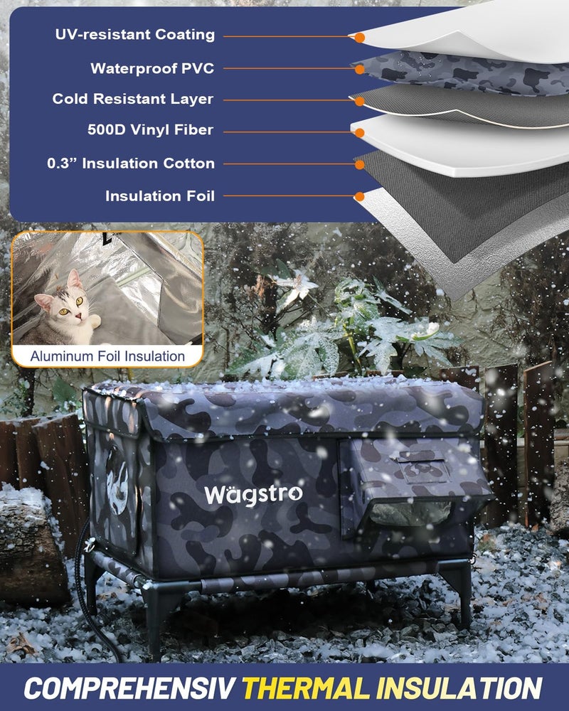 Wagstro Heated Cat House for Outside, Insulated Weatherproof Heated Outdoor Cat House with Waterproof Eaves & Escape Door, Elevated Outdoor Cat Shelter for Feral Stray Cat (Black Camo, 16.5"x13"x16.9") - Image 4
