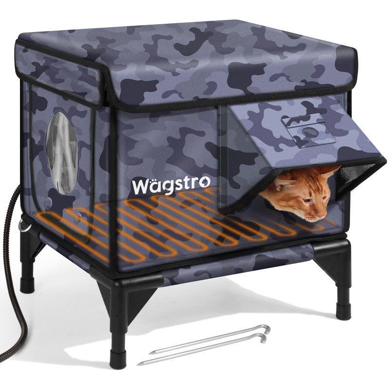 Wagstro Heated Cat House for Outside, Insulated Weatherproof Heated Outdoor Cat House with Waterproof Eaves & Escape Door, Elevated Outdoor Cat Shelter for Feral Stray Cat (Black Camo, 16.5"x13"x16.9") - Image 1