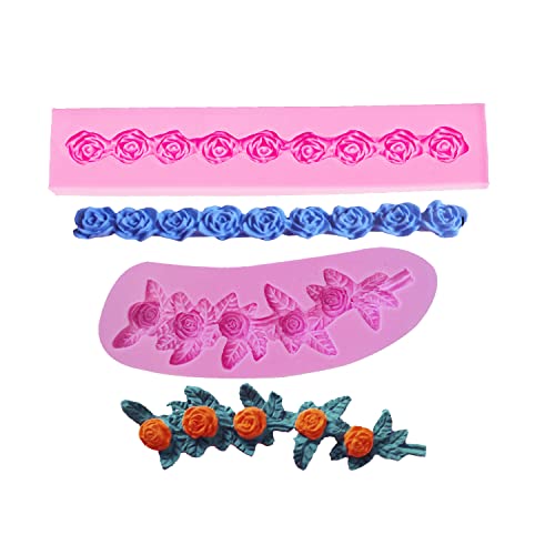 AMZTOART 2pc Long Rose Flower Silicone Molds for Cake Onlay Border Embosser Mold, Non Stick Fondant Mold for DIY Chocolate Candy Cookie Jelly and Polymer Clay (0031+0846) - Image 1