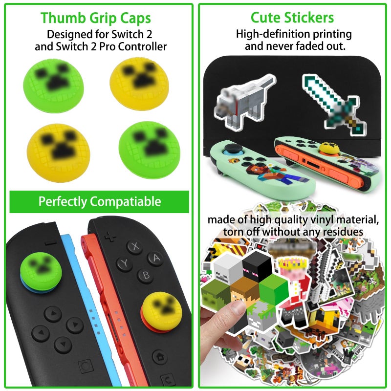 TIKOdirect Carrying Case Accessories Bundle for Switch 2 2025, Portable Travel Case with Protective Cover, Screen Protectors, 4 Thumb Grip caps and Cute Stickers, Green - Image 4