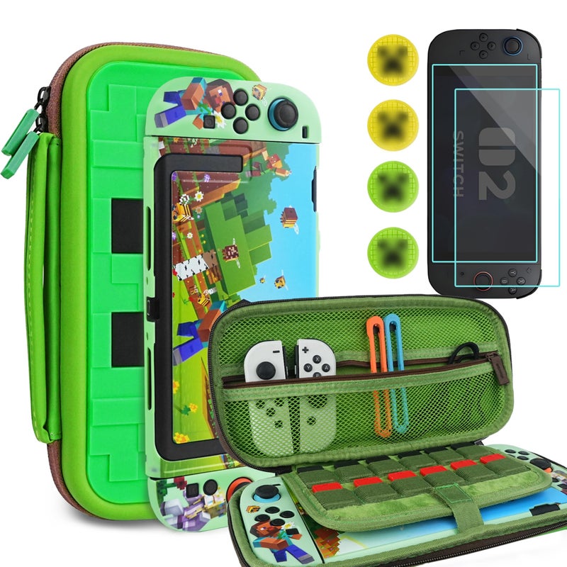 TIKOdirect Carrying Case Accessories Bundle for Switch 2 2025, Portable Travel Case with Protective Cover, Screen Protectors, 4 Thumb Grip caps and Cute Stickers, Green - Image 1