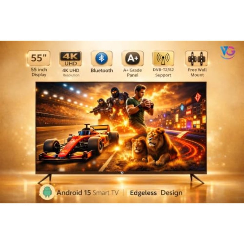 55 Inch 4K UHD Android 15 Smart TV, Edgeless Design, A+ Grade Panel, Bluetooth, DVB-T2/S2 Digital Tuner, Ultra HD LED, with Free Wall Mount - Image 2