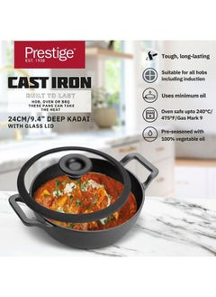 Prestige Prestige Cast Iron Kadai 24 CM | Iron Kadhai with Glass Lid for Cooking and Deep Frying |  Pre Seasoned Induction Cookware Black - PR48895  - Image 4