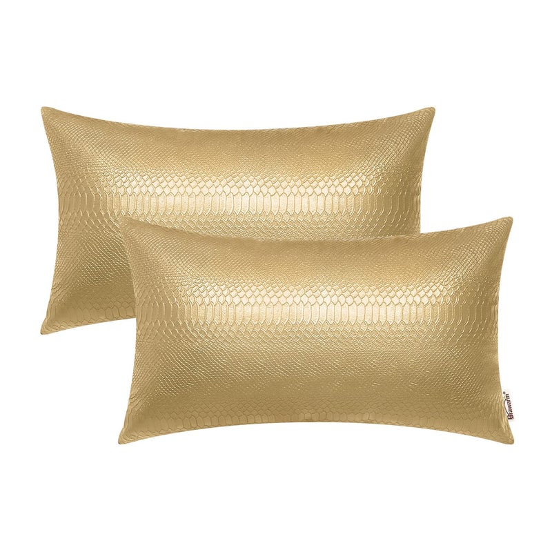 BRAWARM Gold Leather Throw Pillows 12 X 20 Inches Snake Leather Pillow Covers Pack of 2 Faux Leather Decorative Lumbar Pillow Covers for Couch Living Room Garden Bed Sofa Home