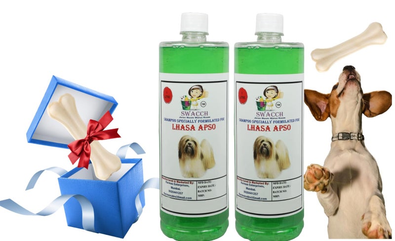 swacch Shampoo | Puppy Safe Shampoo | Lhasa Apso Dog Shampoo (1 Litre) (Pack of 2) Neem Alovera + Medium White Bone | Dog Chew Bones | Teething chew Toy | Dental Teething |Combo Pack - Image 1
