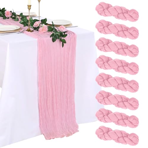 pepmily 8 Pack Pink Cheesecloth Table Runner 10ft Boho Gauze 120 Inch Cheese Cloth Table Runner Rustic Sheer for Spring Holiday Baby Shower Party Décor Home Wedding Decoration - Image 1