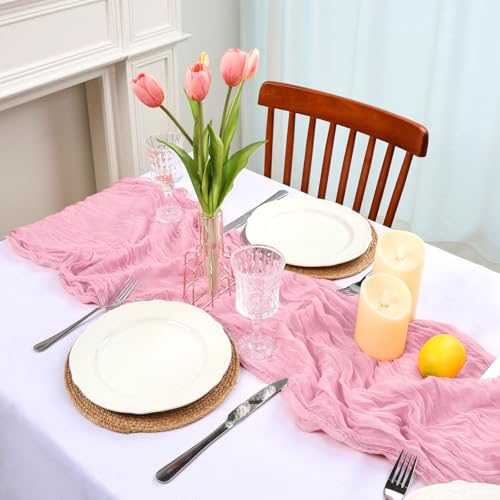 pepmily 8 Pack Pink Cheesecloth Table Runner 10ft Boho Gauze 120 Inch Cheese Cloth Table Runner Rustic Sheer for Spring Holiday Baby Shower Party Décor Home Wedding Decoration - Image 3