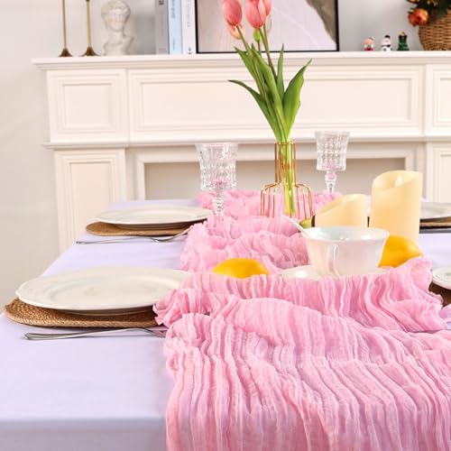 pepmily 8 Pack Pink Cheesecloth Table Runner 10ft Boho Gauze 120 Inch Cheese Cloth Table Runner Rustic Sheer for Spring Holiday Baby Shower Party Décor Home Wedding Decoration - Image 5