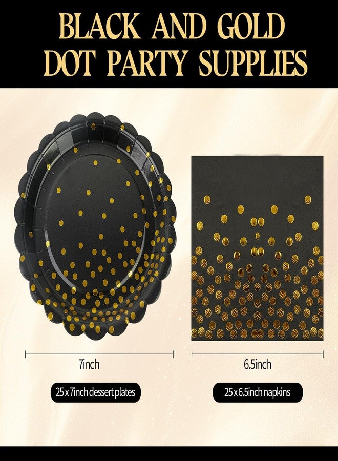 HFBOBP 50PCS Black and Gold Paper Plates and Napkins, 7Inch Black and Gold Dot Party Supplies Disposable Party Plates Tableware Set for Birthdays, Graduations, Fathers Day Retirement and Weddings Decorations - Image 2