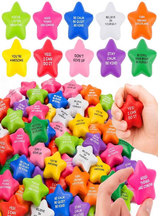 TGIQROVE 100 Pcs Star Stress Balls Bulk, Motivational Foam Squeeze Toys with Positive Quotes, 10 Colors Mini PU Stress Balls for Kids Adults, Classroom Prizes, Party Favors, Goodie Bags, Office Desk Toys - Image 1