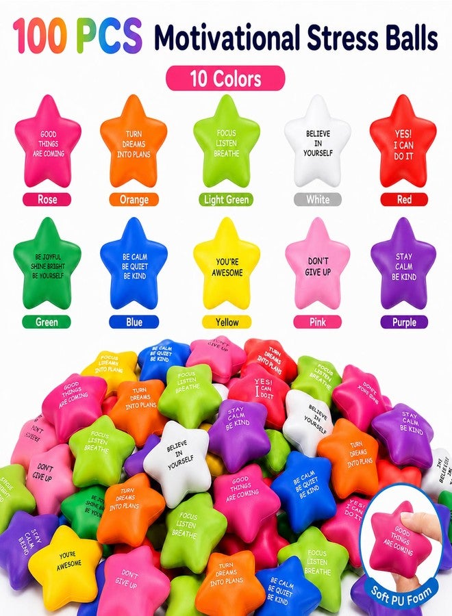 TGIQROVE 100 Pcs Star Stress Balls Bulk, Motivational Foam Squeeze Toys with Positive Quotes, 10 Colors Mini PU Stress Balls for Kids Adults, Classroom Prizes, Party Favors, Goodie Bags, Office Desk Toys - Image 2