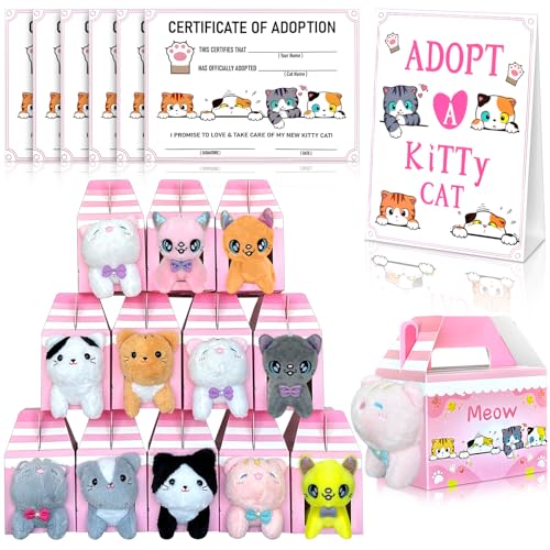 Jiytivity 37 Pcs Adopt a Cat Party Favors Include 12 Foldable Kitten Boxes 12 Mini Stuffed Cat 12 Card 1 Stand for Adopt a Kitty Party Favors Kitten Supplies Gifts - Image 1