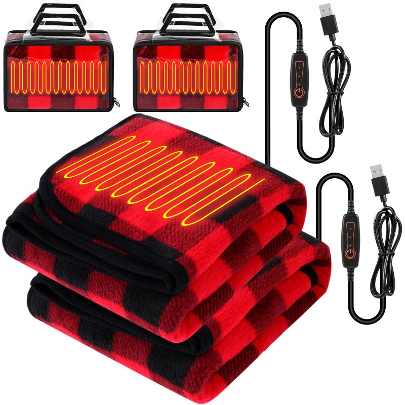 Tuanse 2 Pcs USB Heated Blanket 25"x35" Small Portable 5v 3 Setting Electric Blanket with Timer and Temperature Controller Winter Wearable Recharge Throw for Travel Home(Red and Black Plaid) - Image 1