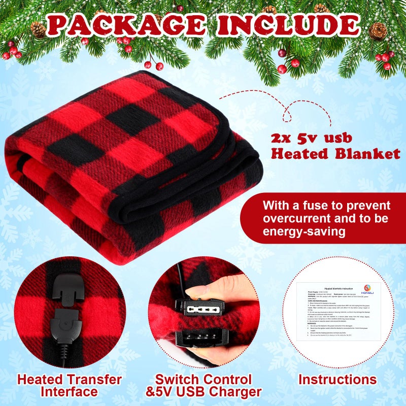 Tuanse 2 Pcs USB Heated Blanket 25"x35" Small Portable 5v 3 Setting Electric Blanket with Timer and Temperature Controller Winter Wearable Recharge Throw for Travel Home(Red and Black Plaid) - Image 4
