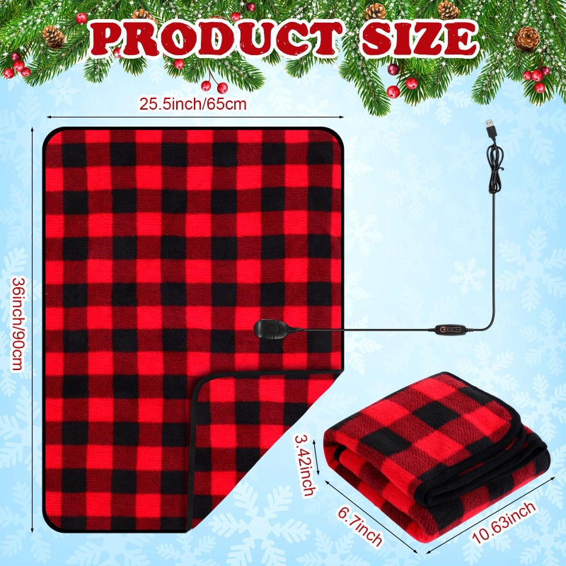 Tuanse 2 Pcs USB Heated Blanket 25"x35" Small Portable 5v 3 Setting Electric Blanket with Timer and Temperature Controller Winter Wearable Recharge Throw for Travel Home(Red and Black Plaid) - Image 2