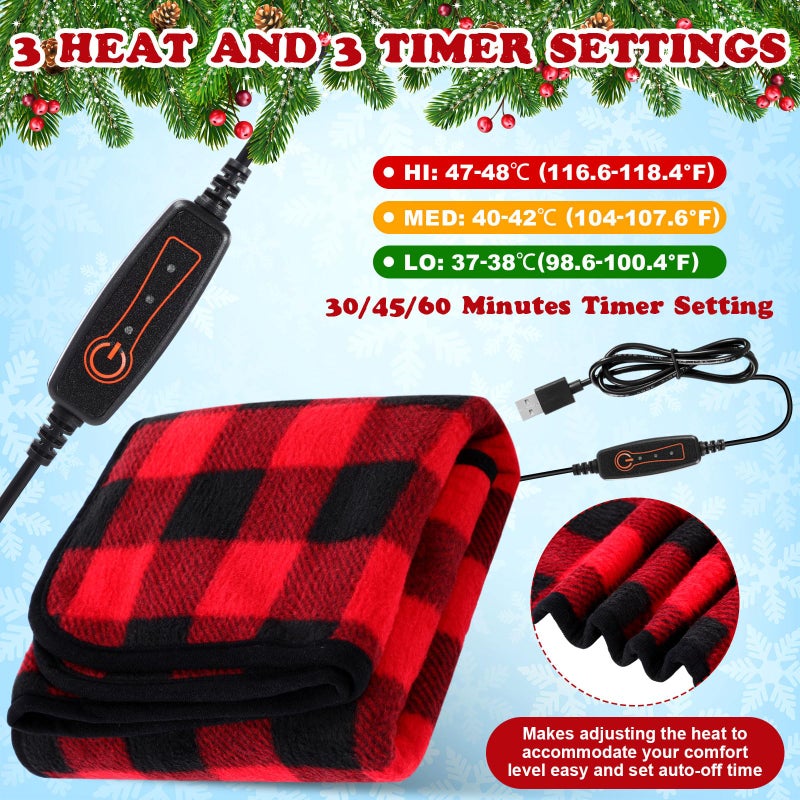 Tuanse 2 Pcs USB Heated Blanket 25"x35" Small Portable 5v 3 Setting Electric Blanket with Timer and Temperature Controller Winter Wearable Recharge Throw for Travel Home(Red and Black Plaid) - Image 3