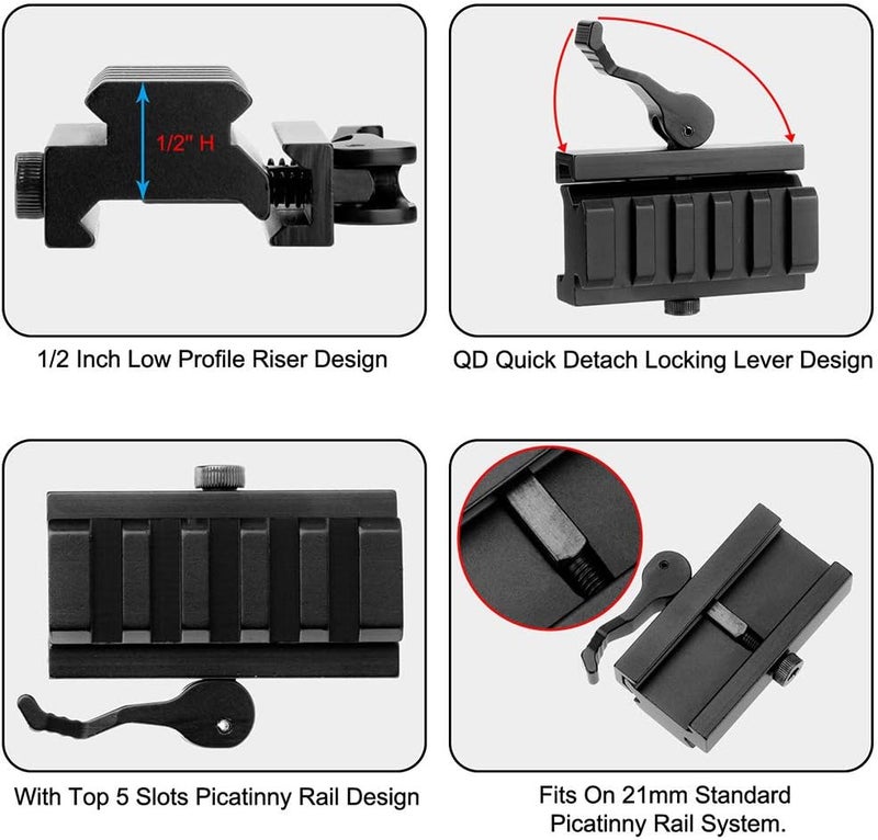 LONSEL Picatinny Riser Mount, Low Profile Rail Riser Mounts Adaptor with QD Lever Lock Quick Release & 5 Slots Picatinny Rails for Scope Rings Optics Sights, 1/2" H x 2.5''L - Image 4