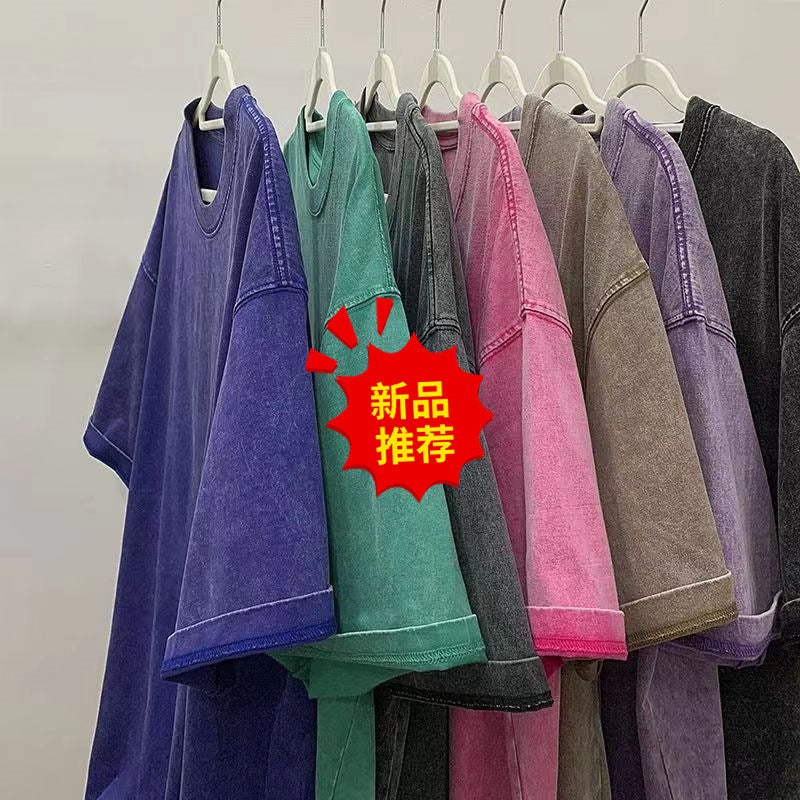 Washed Old Heavy Cotton Short-Sleeved T-Shirt Men'S Loose Hong Kong Style Ins Half-Sleeved Summer Trendy Half-Sleeved T-Shirt Trendy Brand - Image 2