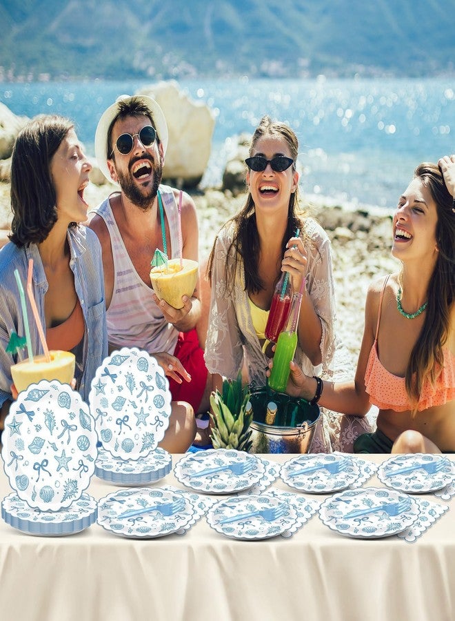 ojustbeok 200Pcs Blue Bow Starfish Seashell Party Plates and Napkins Coastal Ocean Theme Party Decorations Scalloped Coastal Disposable Tableware Set for Summer Beach Wedding Birthday Bachelorette Serve 50 - Image 5