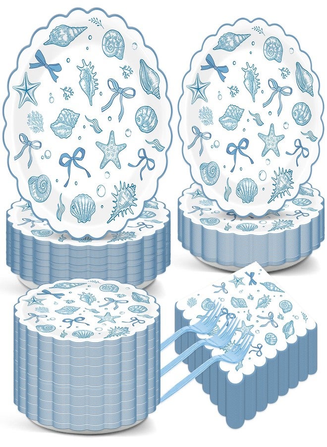 ojustbeok 200Pcs Blue Bow Starfish Seashell Party Plates and Napkins Coastal Ocean Theme Party Decorations Scalloped Coastal Disposable Tableware Set for Summer Beach Wedding Birthday Bachelorette Serve 50 - Image 1