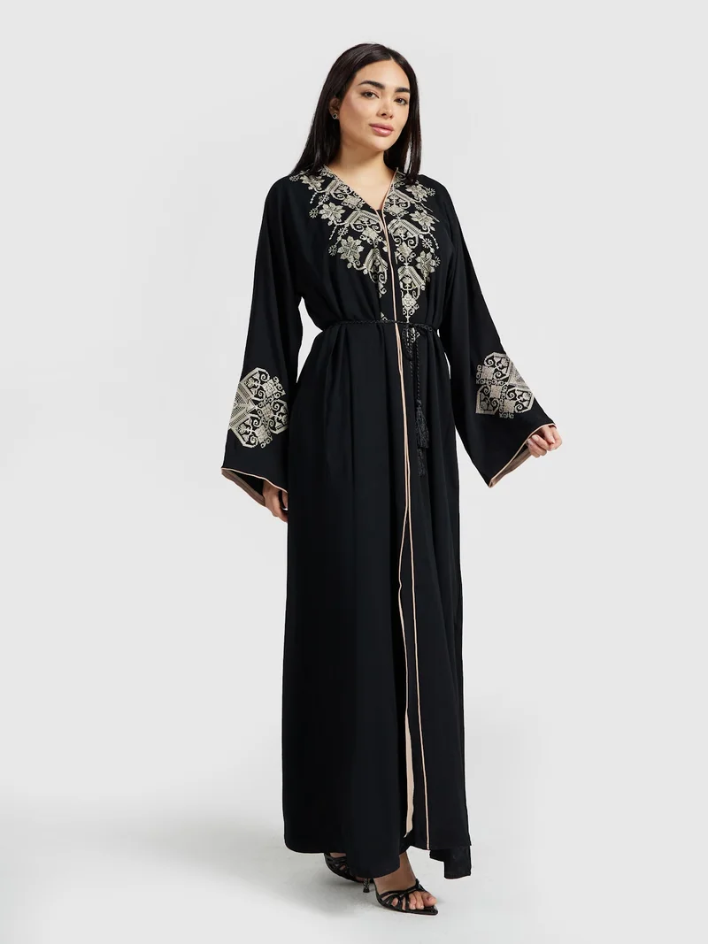 Reem Abayas Black Gold-Thread Embroidered Abaya - Classic Luxury Modest Gown