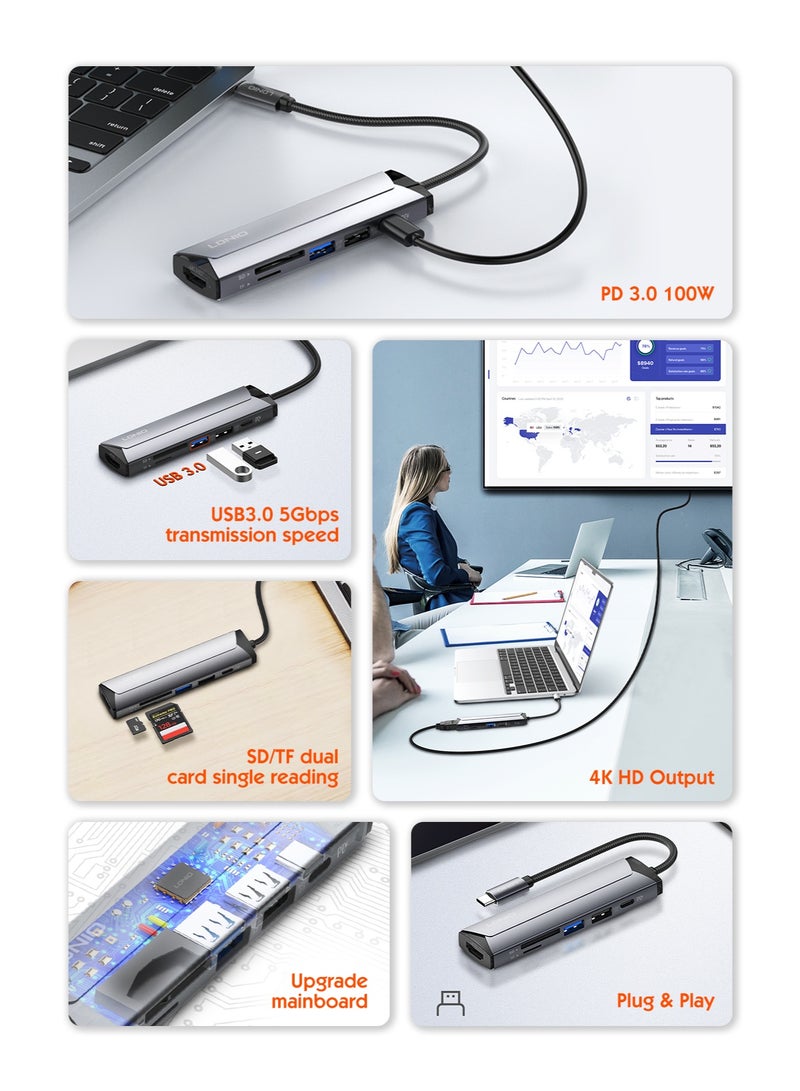 LDNIO 6 In 1 DS-56H USB-C Multi-function Docking Station PD100W USB-C Type-C To PD3.0 HDMI USB2.0 SD TF Data Port - Image 5