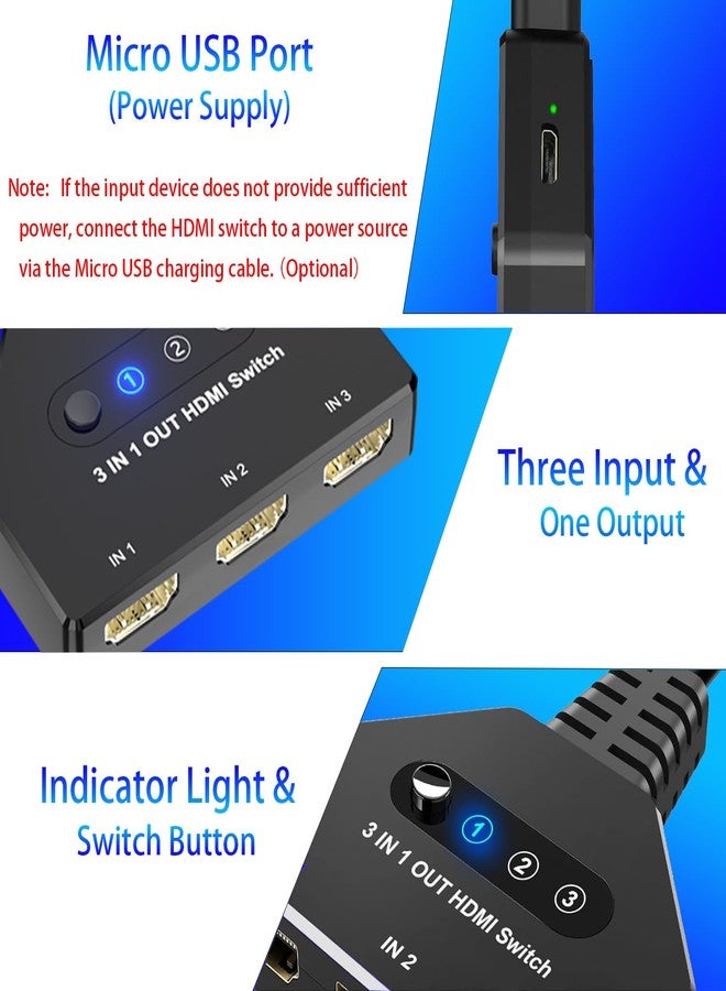 مفتاح HDMI، مفتاح HDMI ثلاثي المنافذ بدقة 4K، مفتاح HDMI بثلاثة مداخل ومخرج واحد، موزع HDMI لتوسيع الشاشة، يدعم تقنية 3D، HDMI 2.0، HDCP 2.2، موزع HDMI لأجهزة Xbox، وRoku Stick، وHDTV، وPS4/5، وأجهزة الألعاب، والكمبيوتر الشخصي - Image 4