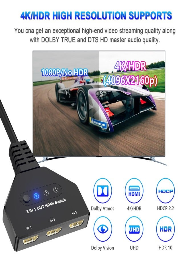 مفتاح HDMI، مفتاح HDMI ثلاثي المنافذ بدقة 4K، مفتاح HDMI بثلاثة مداخل ومخرج واحد، موزع HDMI لتوسيع الشاشة، يدعم تقنية 3D، HDMI 2.0، HDCP 2.2، موزع HDMI لأجهزة Xbox، وRoku Stick، وHDTV، وPS4/5، وأجهزة الألعاب، والكمبيوتر الشخصي - Image 2
