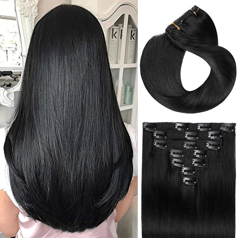 FAAAL 18" Clip in Human Hair Extensions Full Head 150g 7 Pieces 16 Clips Jet Black Double Weft Brazilian Real Remy Hair Extensions Thick Straight Silky (18",150g 1#) - Image 1