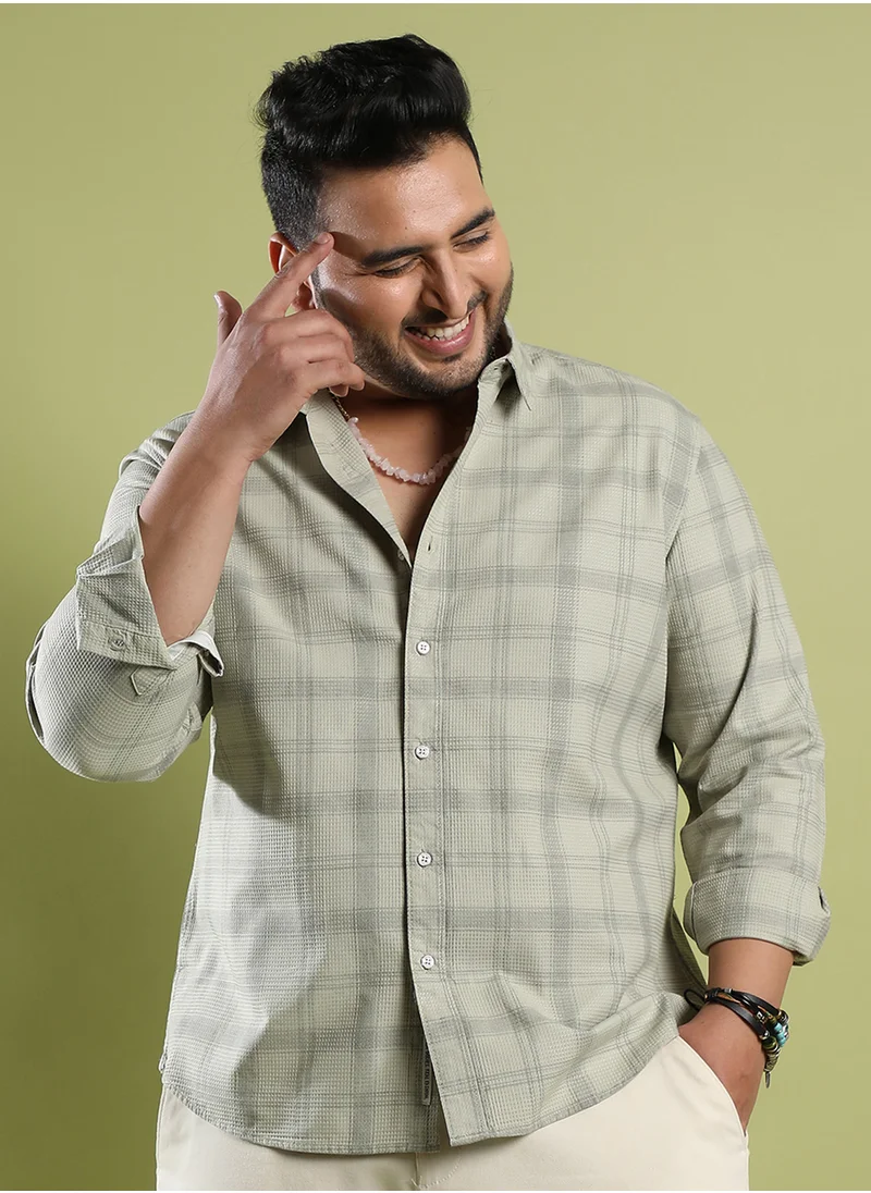 Instafab Plus Instafab Plus Men's Sage Green Tartan Plaid Shirt For Casual Wear | Spread Collar | Long Sleeve | Button Closure | Cotton Viscose Poly Shirt Crafted With Comfort Fit For Everyday Wear