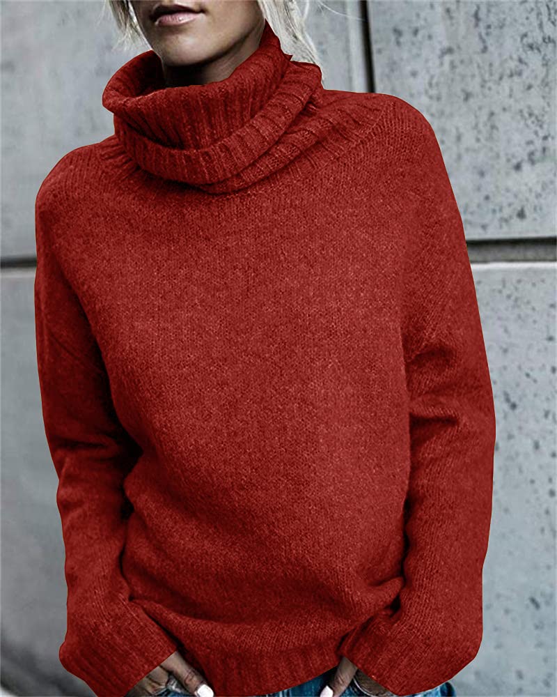 FISACE Womens Oversized Turtleneck Pullover Sweater Cable Knit Long Sleeve Sweater Tops A-red - Image 2