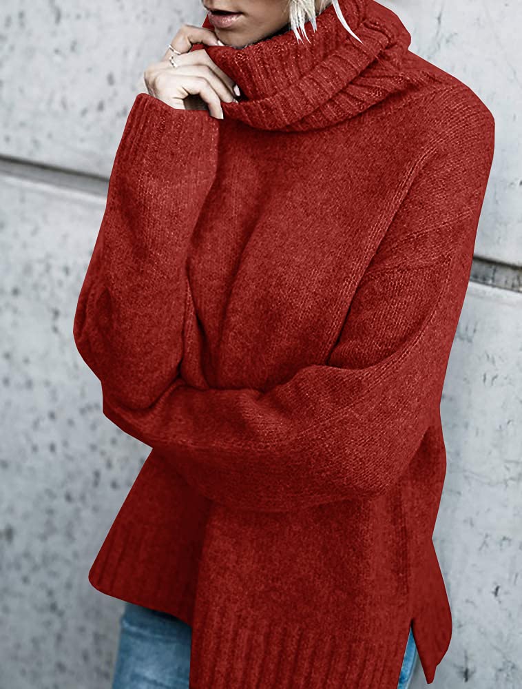 FISACE Womens Oversized Turtleneck Pullover Sweater Cable Knit Long Sleeve Sweater Tops A-red - Image 3