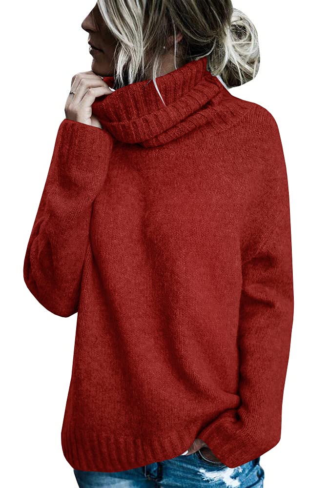 FISACE Womens Oversized Turtleneck Pullover Sweater Cable Knit Long Sleeve Sweater Tops A-red - Image 1