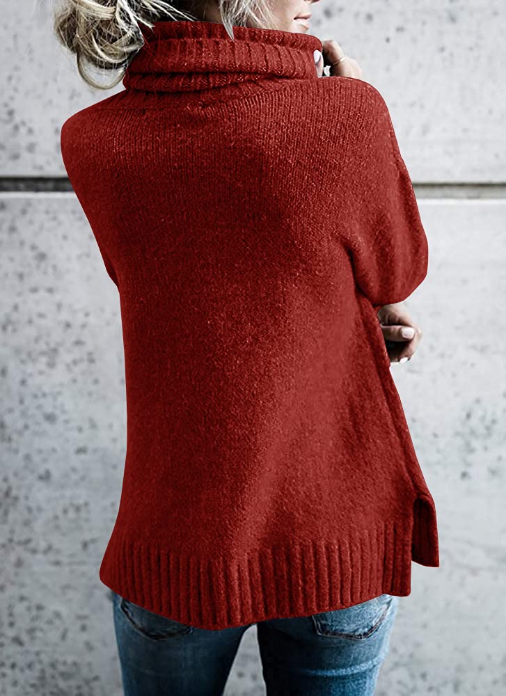 FISACE Womens Oversized Turtleneck Pullover Sweater Cable Knit Long Sleeve Sweater Tops A-red - Image 4