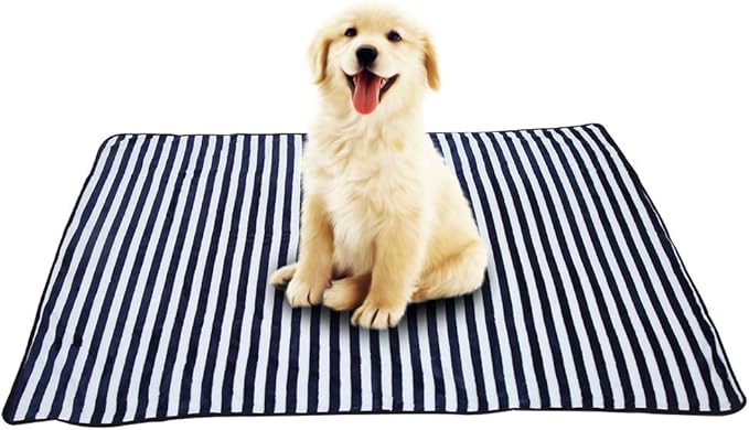 Blue Stripe Medium Double Sided Plush Pet Blanket Warm Cozy Mat Cushion For Cats And Small Dogs Easy Clean - Image 1