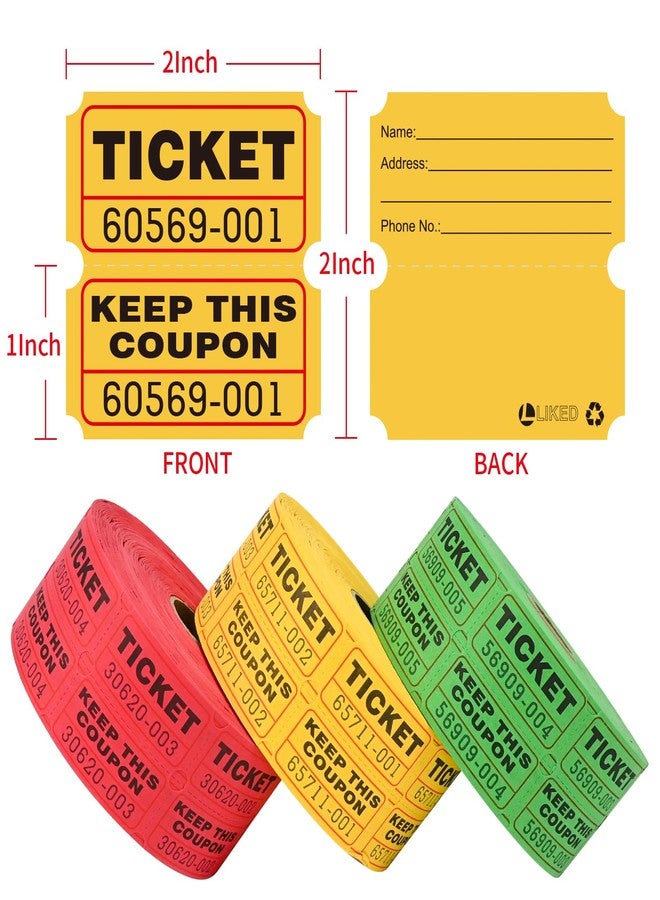 L LIKED 3000 Assorted Raffle Tickets Double Roll,Consecutively Numbered,50/50 Raffle Tickets for Event,Party,Prize,Drawing(Red,Green,Yellow) - Image 2