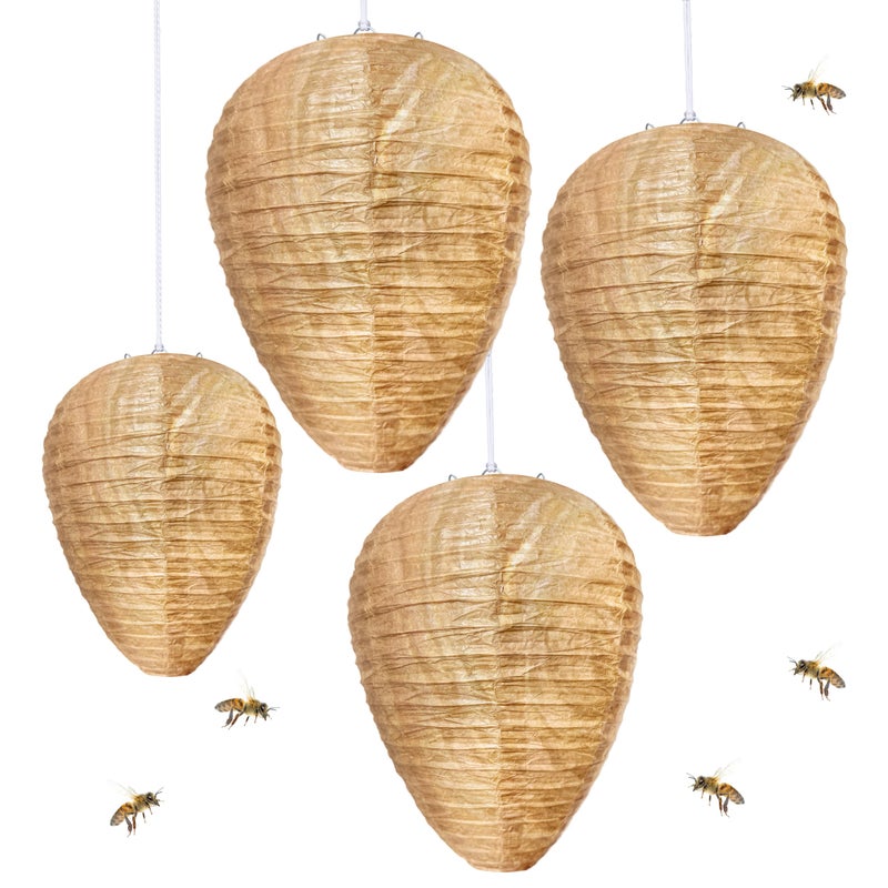 Stingmon 4 Pack Paper Fake Wasp Nest Decoy Hanging, Fake Hornet Nest Decoy Carpenter Bee Deterrent, Wasps Trap Wasp Deterrent Outdoor Yellow Jacket Carpenter Bee Traps for Outsides Garden Patio - Image 1