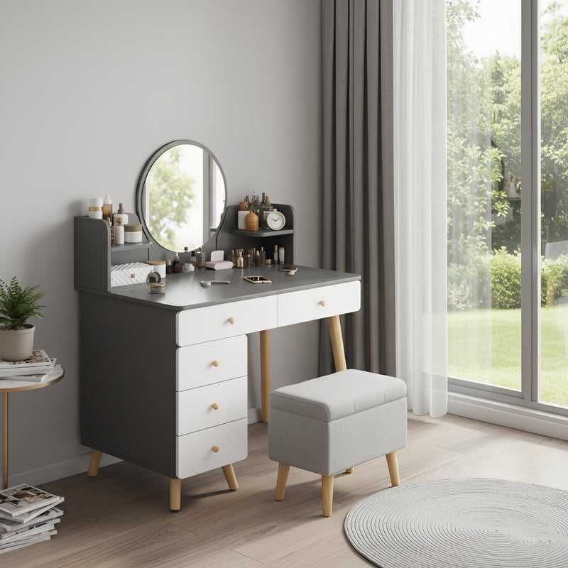 شاربدو 80 سم مساحة صغيرة طاولة الغرور مع 5 درجات ومرايا دائرية، مكياج المدمجة طاولة الملابس للنساء، رمادي / أبيض - Image 3