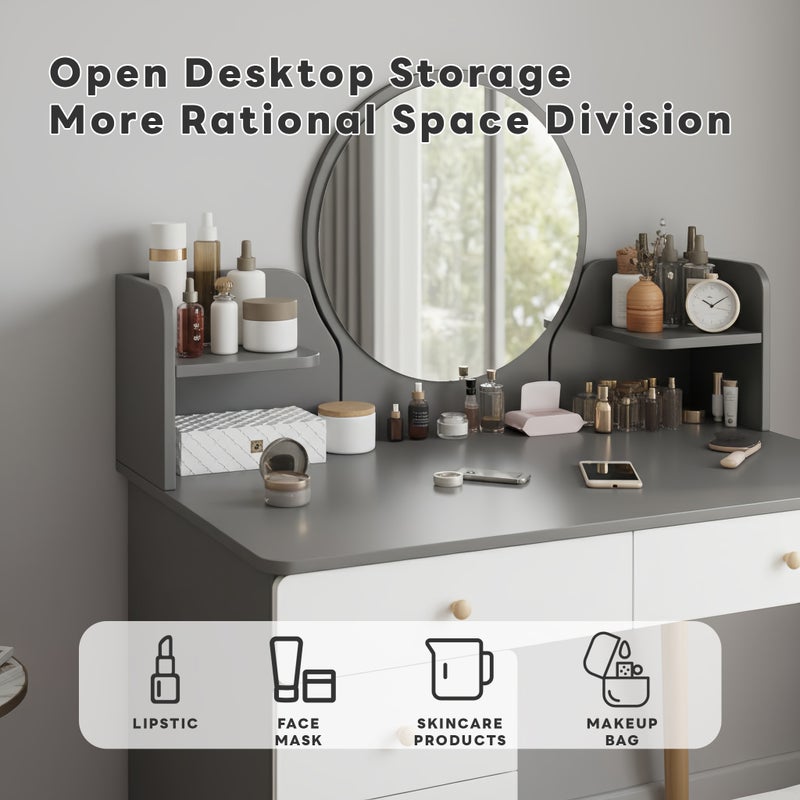 شاربدو 80 سم مساحة صغيرة طاولة الغرور مع 5 درجات ومرايا دائرية، مكياج المدمجة طاولة الملابس للنساء، رمادي / أبيض - Image 5