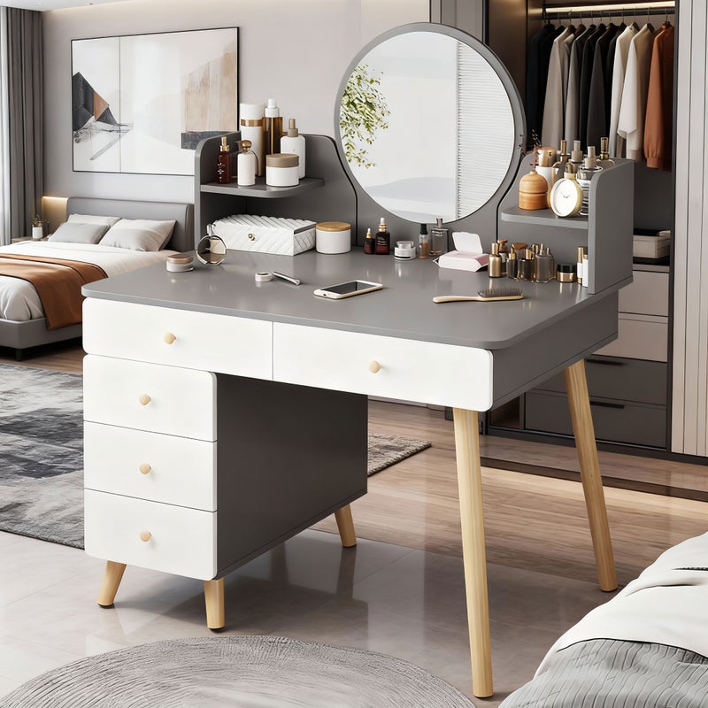 شاربدو 80 سم مساحة صغيرة طاولة الغرور مع 5 درجات ومرايا دائرية، مكياج المدمجة طاولة الملابس للنساء، رمادي / أبيض - Image 4
