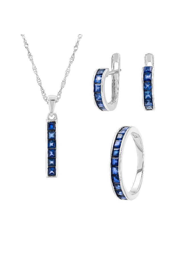 Genuine Blue Sapphire Silver Set Ring, Pendant & Earrings (9.25 ct)
