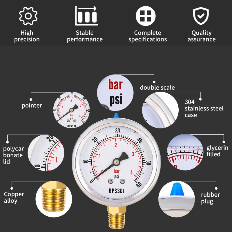BPSSDI 0-60 Psi Glycerin Liquid Filled Low Pressure Gauge, 2.5" Dial Size, 1/4" NPT Lower Mount, 304 Stainless Steel Case, for Water Oil Air Pressure Test, Refrigeration Systems(Such as Evaporators) - Image 3