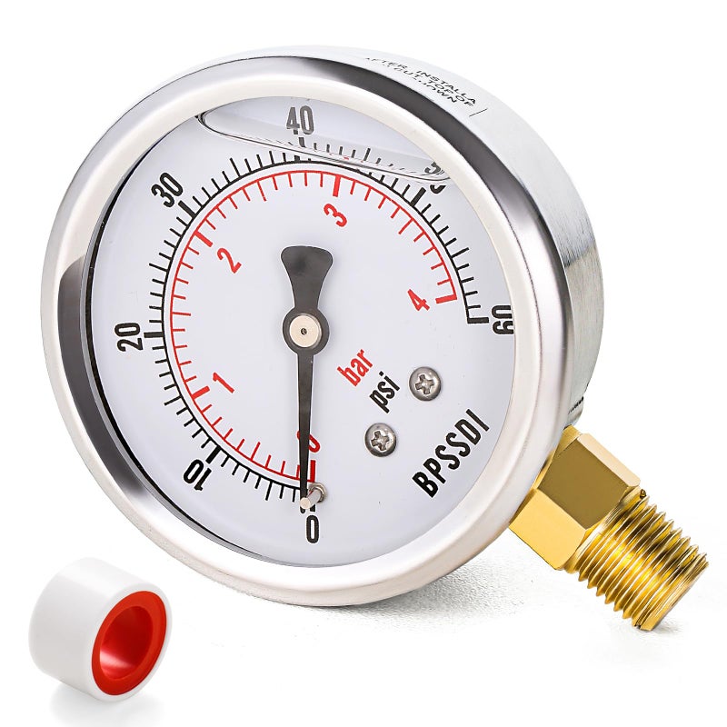 BPSSDI 0-60 Psi Glycerin Liquid Filled Low Pressure Gauge, 2.5" Dial Size, 1/4" NPT Lower Mount, 304 Stainless Steel Case, for Water Oil Air Pressure Test, Refrigeration Systems(Such as Evaporators) - Image 1
