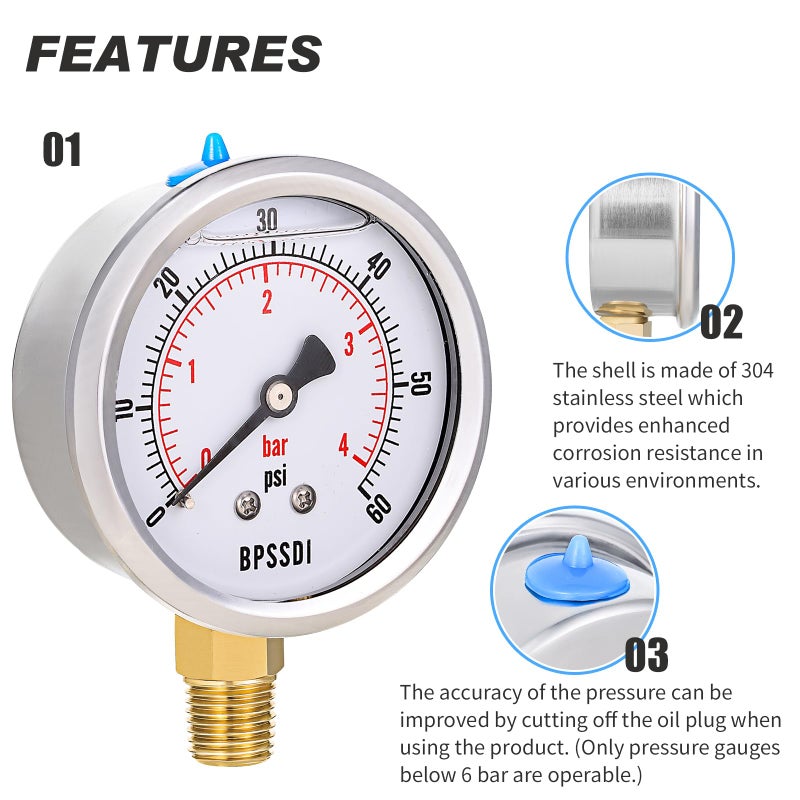BPSSDI 0-60 Psi Glycerin Liquid Filled Low Pressure Gauge, 2.5" Dial Size, 1/4" NPT Lower Mount, 304 Stainless Steel Case, for Water Oil Air Pressure Test, Refrigeration Systems(Such as Evaporators) - Image 4