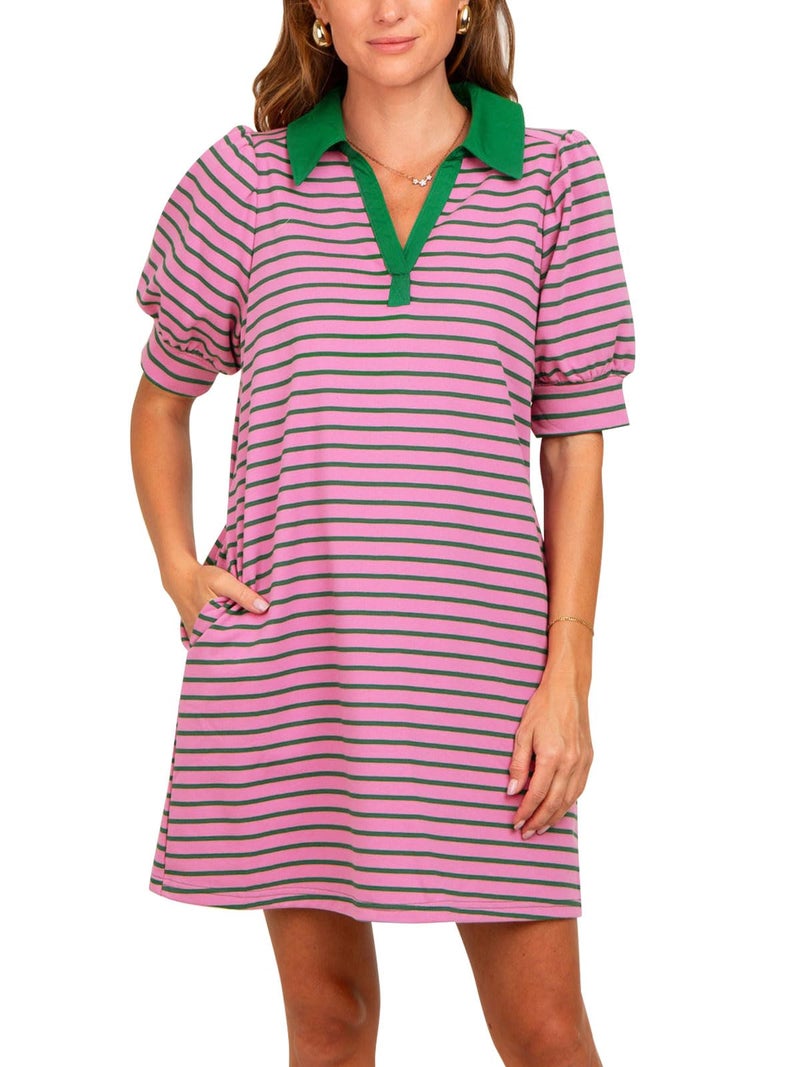 Yousify A Line Dresses for Women Casual V Neck Puff Short Sleeve Striped Summer Dress 2025 Knee Length Tshirt Dresses Pink S - Image 1