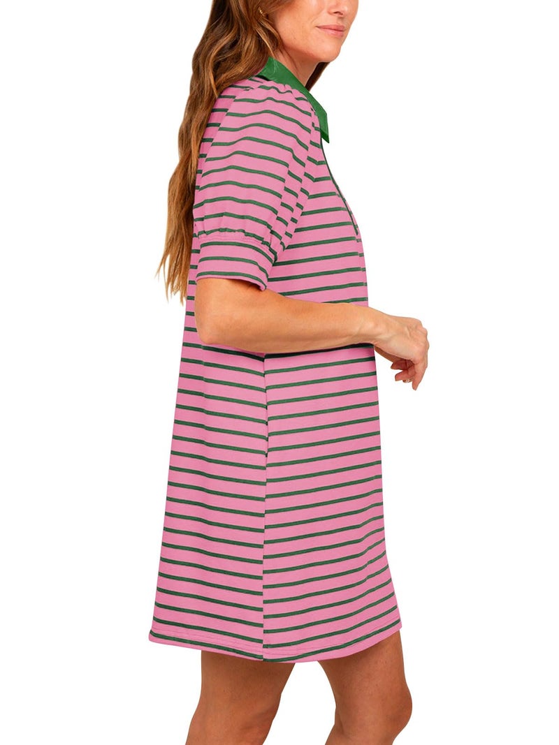 Yousify A Line Dresses for Women Casual V Neck Puff Short Sleeve Striped Summer Dress 2025 Knee Length Tshirt Dresses Pink S - Image 4