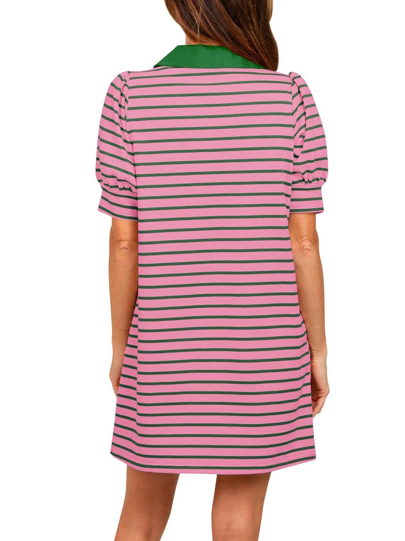Yousify A Line Dresses for Women Casual V Neck Puff Short Sleeve Striped Summer Dress 2025 Knee Length Tshirt Dresses Pink S - Image 5