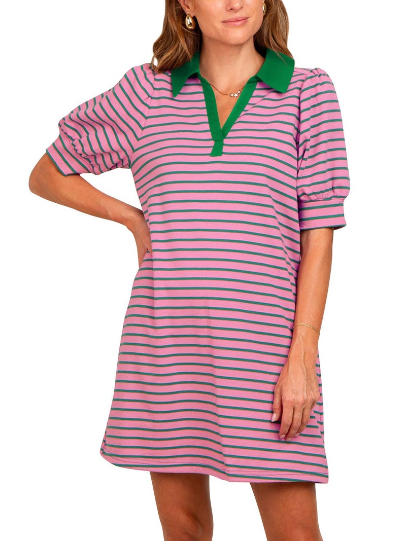 Yousify A Line Dresses for Women Casual V Neck Puff Short Sleeve Striped Summer Dress 2025 Knee Length Tshirt Dresses Pink S - Image 2