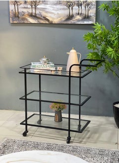 alimforyou Black iron serving cart, 3 floors, clear glass, equipped with wheels. The cart comes in a size of 90*80*40 cm. 